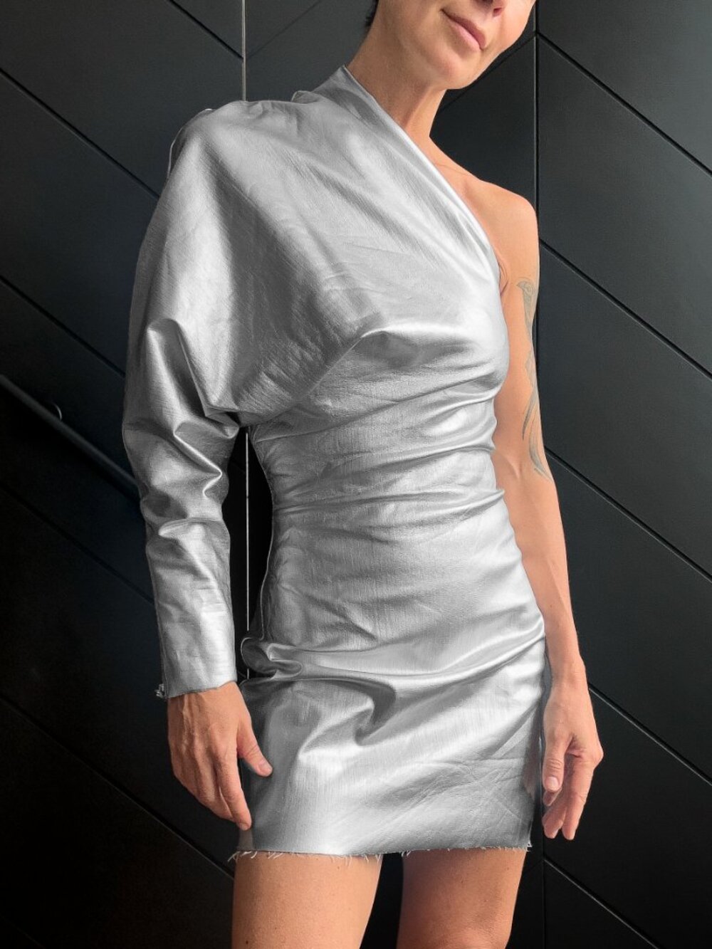 Rick Owens Stage F/W 2022 Metallic One-Shoulder Mini Dress | US 4 | Silver